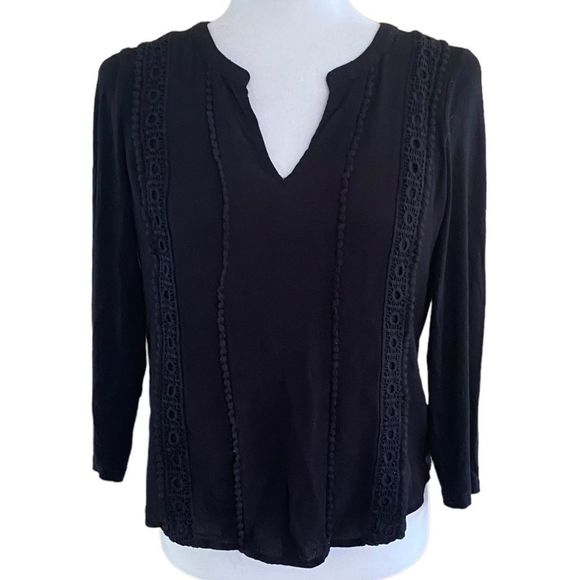 Meadow Rue • Crochet Trimmed Rayon V-Neck 3/4 Sleeve Blouse in Black - Picture 1 of 11